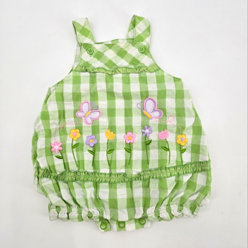 Vintage Okie-Dokie Green Checkered Baby Romper with Floral Embroidery Size 3-6 M